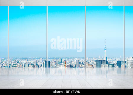 Business e design concept - svuota il pavimento in marmo e vetro con moderno skyline urbano vista aerea di Shinjuku, Tokyo, Giappone, per display o mock up Foto Stock