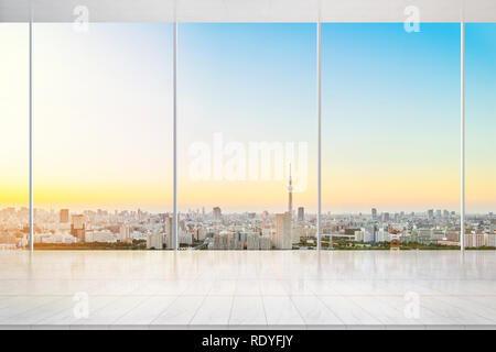 Business e design concept - svuota il pavimento in marmo e vetro con moderno skyline urbano vista aerea di Shinjuku, Tokyo, Giappone, per display o mock up Foto Stock