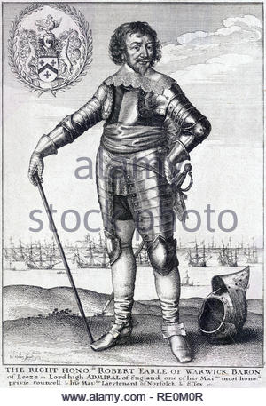 Robert Rich ritratto, 2° Conte di Warwick, 1587 - 1658, era un inglese un amministratore coloniale, Admiral, e Puritan, attacco da incisore boemo Wenceslaus Hollar da 1600s Foto Stock
