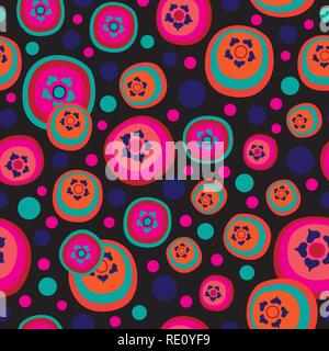 Melograno Candies-Fruit delizia. Un groovy configurazione astratta illustrazione di melagrana forme di caramella e circoli in rosa,rosso,matoon,turchese,blu e arancione e nero. Seamless Schema di ripetizione dello sfondo. Modello divertente sfondo. Superficie design pattern, perfetto per tessuto, scrapbook, carta da parati. Illustrazione Vettoriale
