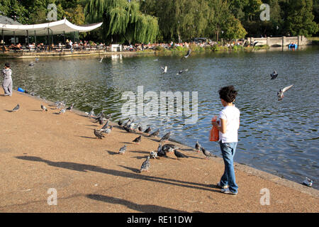 Bambina alimentando i piccioni a Hyde Park di Londra, Regno Unito Foto Stock