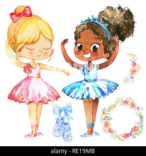 Multirazziale Ballerina bambino amicizia concetto. African American Ballerina Principessa salto di caratteri. Carina ragazza caucasica usura Tutu Rosa scuola di formazione. Baby Poster Kit Design Concept illustrazione Foto Stock