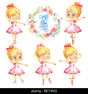 Set di bionda Ballerina Princess carattere Ballerina. Carino bambino le ragazze che indossano rosa Costume Tutu Formazione in classe scolastica. Baby scarpe da ballo Poster Design Concept illustrazione ad acquerello. Isolato. Foto Stock