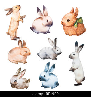 Acquerello di coniglio piatto illustrazione. Isolato graziosi colorati Baby Bunny collezione. Piuttosto scarso carattere lepre in stile cartone animato. Disegnate la fauna selvatica Fluffy Lapin Print Design Foto Stock