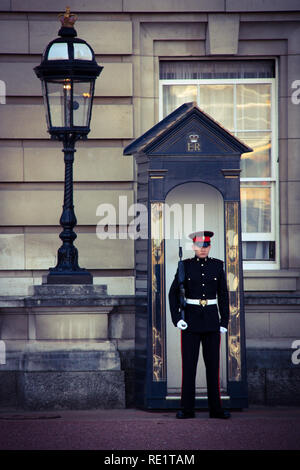 Guardia Reale di fronte a una garitta accanto a una grande lanterna a Buckingham Palace a Londra, Regno Unito Foto Stock