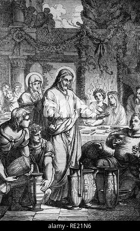 Gesù trasforma l'acqua in vino, storica incisione in acciaio da 1860 Foto Stock