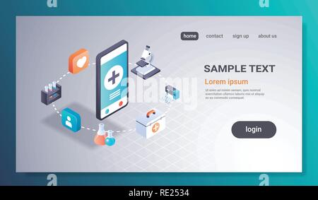 Assistenza sanitaria mobile application online laboratorio medico concetto lo schermo dello smartphone medicina prove interfaccia app tecnologia digitale 3D isometrica piana orizzontale dello spazio di copia Illustrazione Vettoriale