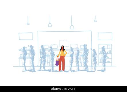 Imprenditrice levandosi in piedi fuori dalla folla di persone sagome individualità concetto di leadership femminile lunghezza piena di carattere ufficio moderno interior disegno doodle orizzontale Illustrazione Vettoriale