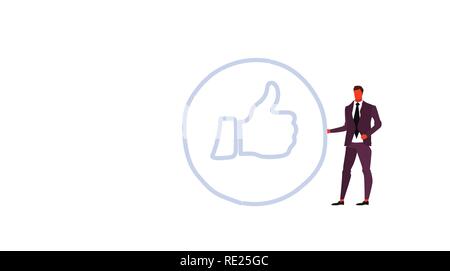 Imprenditore con pollice in alto simbolo icona simile successo social media marketing feedback maschio concetto di lavoratore di ufficio personaggio dei fumetti a piena lunghezza schizzo doodle Illustrazione Vettoriale