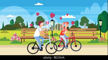 Matura in amore equitazione biciclette happy Valentines Day holiday concetto urbano della città parco paesaggio giovane uomo donna amanti cycling bike piana orizzontale Illustrazione Vettoriale