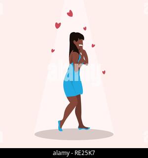 Sorpreso americano africano donna trattiene le guance a mano felice il giorno di San Valentino per la festa di santa concetto bella ragazza su cuore rosso forme piane di lunghezza completa Illustrazione Vettoriale