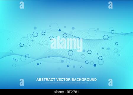 Abstract medico di fondo della ricerca sul DNA, molecola, genetica, genoma, la catena di DNA. Analisi genetica concetto di arte con esagoni, linee, punti. La biotecnologia un concetto di rete molecola, illustrazione vettoriale. Illustrazione Vettoriale