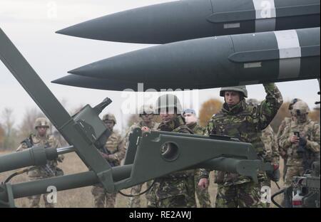 Membri rumeno della Air Force dimostrano la capacità della "Hawk" sistema missilistico per soldati dal 5° Battaglione, settima la difesa aerea reggimento di artiglieria durante un "Patriot Shock" esercizio di Capu Midia, Romania il 7 novembre 2016. Il giro delle prove di esercizio dell'unità di risposta rapido deployment readiness e aumenta l interoperabilità con "Patriot" Missile Systems e i loro partner rumeno. Foto Stock