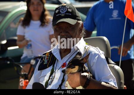 Un U.S. Esercito e il veterano di guerra di Vietnam sorrisi come tiene il suo cane come egli guarda il settantesimo annuale veterani Wahiawa parata del giorno a Wahiawa, Hawaii, su nov. 11, 2016. La parata Wahiawa è il più antico veterani parata del giorno nello stato delle Hawaii. Foto Stock