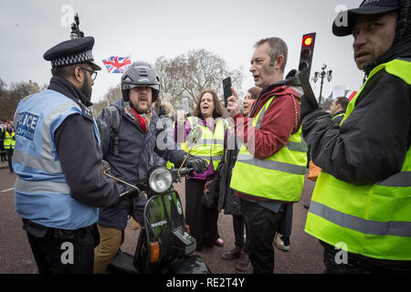 Londra, Regno Unito. 19 gennaio 2019. Pro-Brexit manifestanti chiedendo loro il 'giallo gilet UK " blocco del movimento strade e traffico di Westminster. Credito: Guy Corbishley/Alamy Live News Foto Stock