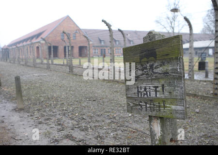 Oswiecim, Polonia. 27 gennaio, 2018. Un cartello con la scritta "ATTENZIONE: Alta tensione pericolo di vita' è attaccato ad un posto nella parte anteriore di un recinto di filo nel campo di concentramento di Auschwitz. Il 27 gennaio 1945, il campo di concentramento nazista Auschwitz-Birkenau fu liberata dal sovietico Esercito Rosso. Ogni anno in occasione dell'anniversario della liberazione superstiti provengono per commemorare i morti e a non lasciare che le atrocità cada nell'oblio. Credito: Daniel Schäfer/dpa-Zentralbild/dpa/Alamy Live News Foto Stock