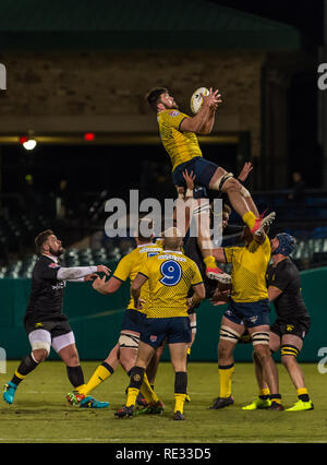 Glendale Raptors bloccare Casey Rock (5) va fino ad agguantare la linea durante la mostra il gioco tra il Glendale rapaci e la Houston SaberCats al campo di costellazione, Sugar Land, Texas. A tempo pieno Glendale Raptors battere Houston SaberCats 36-21. © Maria Lysaker - Cal Sport Media Foto Stock