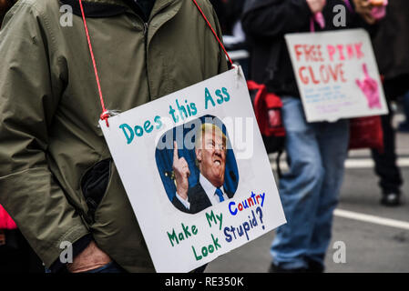 Washington, Stati Uniti d'America. 19 gen 2019. Un anti Trump cartello visto durante la protesta. Alcune migliaia di sostenitori dei diritti delle donne ha preso le strade di Washington D.C per celebrare il terzo anniversario della donne marzo. Credito: SOPA Immagini limitata/Alamy Live News Foto Stock