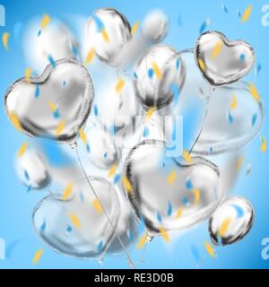 Sfera d'argento e forma di cuore palloncini colorati e i residui di carta stagnola Illustrazione Vettoriale