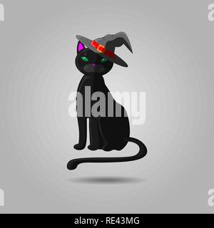 Halloween gatto nero in witch hat. Animale vettore isolato su sfondo grigio. Strega gatto nel cappello 10 eps Illustrazione Vettoriale