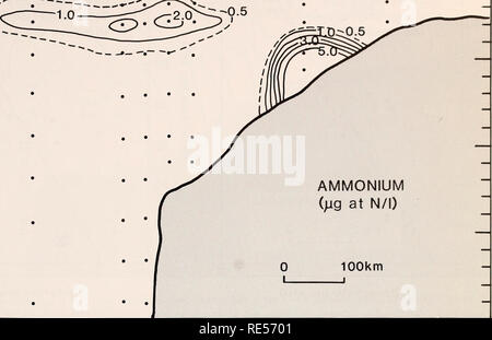 . La parte orientale del Mare di Bering ripiano : oceanografia e risorse / a cura di Donald W. cofano e John A. Calder. Oceanografia del mare di Bering.. Le distribuzioni di nutrienti e dynamics 981 Station q 0 - V. 50 E &gt;-• I h- CL m Q 100 150 - b 200 8 9 10 11 J I I L 13 T 14  l . Ammonio (;ig a N/l) 100km -J Figura 58-5. Ammonio (/ig a N/l) sezione trasversale nella parte orientale del Mare di Bering lungo un secare che si estende da 56° 59 N- 177°0l'W a 61°00'N-169°00 W (Hakuho Maru KH-78-3 cruise, Hattori 1979). di ammonio coincide approssimativamente con la profondità di 0.5 percento la penetrazione della luce e anche con la profondità in cui la concen Foto Stock