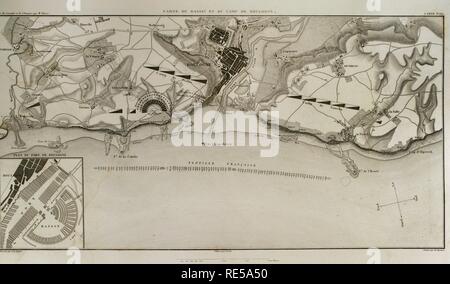 Mappa di Boulogne-sur-Mer. In costa francese sul Canale Inglese. era un'area di staging per le truppe di Napoleone per diversi mesi nel 1805, durante la sua progettata invasione del Regno Unito. Atlas de l'Histoire du Consulat et de l'impero. La storia del consolato e l Impero di Francia sotto Napoleone da Marie Joseph Louis Adolphe Thiers (1797-1877). Disegni di Dufour, incisioni da Dyonnet. Edito in Parigi, 1864. Foto Stock