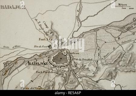 Mappa napoleonica. Città di Badajoz, Estremadura, Spagna. Guerra Peninsulare. Badajoz è stata assediata per quattro volte tra il 1811 e il 1812 (Guerre Napoleoniche). Atlas de l'Histoire du Consulat et de l'Empire Storia del consolato e l Impero di Francia sotto Napoleone da Marie Joseph Louis Adolphe Thiers (1797-1877). Disegni di Dufour, incisioni da Dyonnet. Edito in Parigi, 1864. Foto Stock