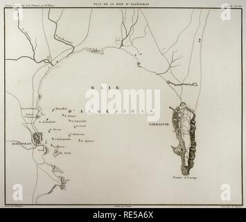 Mappa napoleonica. La baia di Algeciras, Spagna. La prima battaglia di Algeciras è stata una battaglia navale che ha avuto luogo il 6 luglio 1801, nella lotta contro un squadrone di British Royal Navy navi contro una piccola Marina Francese squadron. Contesto storico del francese guerre rivoluzionarie. La storia del consolato e l Impero di Francia sotto Napoleone da Marie Joseph Louis Adolphe Thiers (1797-1877). Disegni di Dufour, incisioni da Dyonnet. Edito in Parigi, 1864. Foto Stock