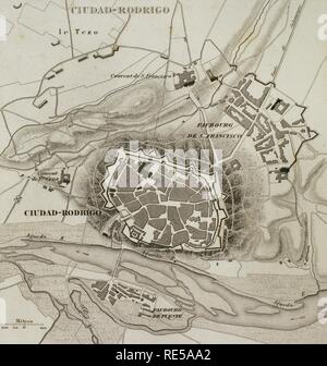Mappa napoleonica. Ciudad Rodrigo (provincia di Salamanca Castiglia e Leon, Spagna). Durante la guerra Peninsulan la città venne assediata due volte, 1810 e 1812. Atlas de l'Histoire du Consulat et de l'impero. La storia del consolato e l Impero di Francia sotto Napoleone da Marie Joseph Louis Adolphe Thiers (1797-1877). Disegni di Dufour, incisioni da Dyonnet. Edito in Parigi, 1864. Foto Stock