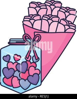 Carino mason jar con amore i cuori e bouquet di fiori illustrazione vettoriale design Illustrazione Vettoriale