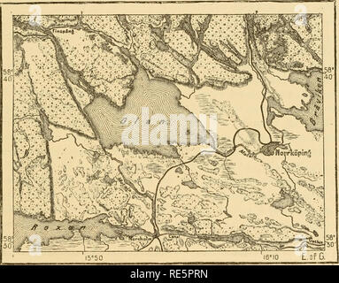 . La terra e i suoi abitanti ... La geografia. Città svedese. 13^ tanza quelli del Falun; e sul nortli-wcst è il famoso cannone Finspâng fonderia, situato in un quartiere romantico, notevole per le sue ripide scogliere bruscamente in salita al di sopra del Norrkoping pianura. Moiala, in corrispondenza della bocca di uscita del fiume dal lago Wetter, è anche una città di fabbricazione e nello stesso quartiere sono le due famose città di Linkôping e Jônk'ôping, ex, nei pressi del quale Berzelius è nato, ora comunicando con il mare attraverso un canale, quest'ultimo un luogo industriale che giace tra i laghi Wetter e Munksjon. Più lontano oriente, ne Foto Stock