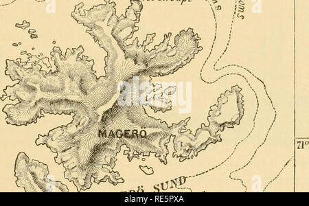 . La terra e i suoi abitanti ... La geografia. FEATUEES FISICO DI NOEWAY. 75 con la Raste-Gaise (2.880 piedi), che domina la valle della tana, sulla frontiera russa. Nelle vicinanze di questo posto i lapponi parlano di un cono di tanto in tanto conto sensazionale di emissione di vapori e la cui nevica a volte rapidamente allo stato fuso. Nonostante la generale scarsa elevazione del paese i promontori alle estremità di ogni njarg o penisola quasi invariuhly Fine in alto terrazze bruscamente troncato. Tale è la Nordkyn o Kinerodden, punto più settentrionale del continente europeo. Gli altri due, il basso Knivskiarrodden e moi- Foto Stock