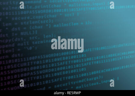 Concept art di codifica con l'hacking parole chiave correlate compresa la password, la sicurezza e la violazione in luce le lettere al neon su sfondo blu scuro Foto Stock