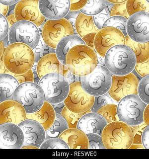 Modello senza giunture. Golden e Silver coin, denaro, posa in ordine casuale. Illustrazione Vettoriale