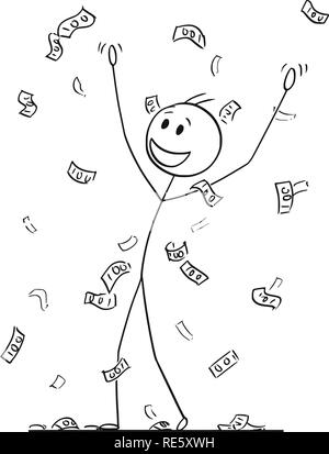 Cartoon di uomo o imprenditore raccogliere denaro Piove di caduta dal cielo Illustrazione Vettoriale