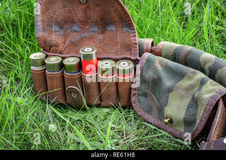 Dei nastri con cartucce calibro 12 close-up. Foto Stock