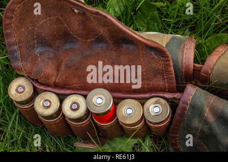 Dei nastri con cartucce calibro 12 close-up. Foto Stock