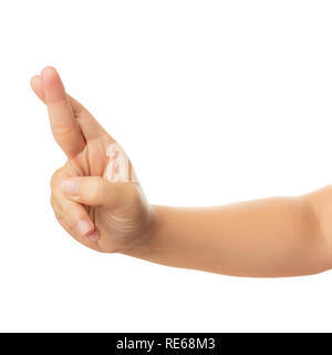 Mano umana nel raggiungere la mano e l'incrocio di due dita di segno indicante la fortuna o mostra il desiderio di esito favorevole, isolare su bianco con Foto Stock