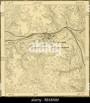 . La terra e i suoi abitanti ... La geografia. 286 EUSSIA EUEOPE m. Topografia. La più elevata in città il Dnieper bacino è Vazma, 830 piedi sopra il livello del mare, sul piccolo fiume di nome simile. Come il suo vicino DorogohiiJ, è un posto occupato, vicino alla frontiera etnica di grande e Eussia bianco. Smolensk, capitale del governo del come nome, copre un ampio spazio su entrambi i lati del Dniepr, alla Fig. 142.- Smolensk. Scala 1: 150.000.. 2 Miglia. intersezione di numerosi percorsi e della riga e Orol, e Varsavia e Mosca ferrovie. Si tratta quindi di un capo del centro commerciale e uno dei th Foto Stock