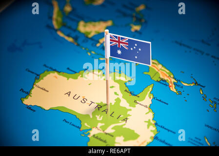 Australia marcati con un contrassegno sulla mappa Foto Stock