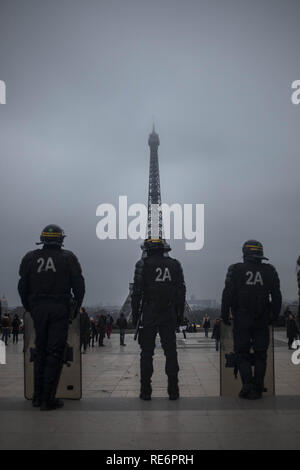 Parigi, Francia. Xx gen, 2019. La polizia antisommossa sono visti di fronte alla Torre Eiffel durante il contatore protesta.Diversi donna si sono riuniti per rivendicare il diritto di scelta oltre i loro corpi nello stesso luogo in cui un pro-vita di dimostrazione ha avuto luogo. Credito: Bruno Thevenin SOPA/images/ZUMA filo/Alamy Live News Foto Stock