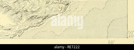 . La terra e i suoi abitanti ... La geografia. West opGreenv'ich 69* profondità. 0 Troppo braccia. 5 a 10 braccia. 10 a ys FaihoiMS. 2.5 e braccia verso l'alto. A 6 miglia. come la Santa Cruz dovrebbe superare i 13.000 miglia quadrate. In tale circostanza deve essere la misura della regione da cui laghi Viedina Argentiuo e disegnare il loro supjDlies. In corrispondenza della sua estremità orientale della valle fluviale, delimitata da scogli da 100 a 400 metri di altezza, ha abbastanza l aspetto di un antico marine strait e Darwin sug- gested l idea che esso potrebbe avere una volta realizzato un passaggio tra i due oceani, come un altro Stretto di Magellano. Thi Foto Stock