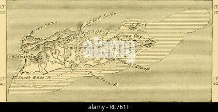 . La terra e i suoi abitanti ... La geografia. 484 MESSICO, AMEEICA CENTRALE, WEST INDIES. La Francia per il governo danese per la somma di 750.000 livres (£30.000). Ma nel frattempo la sfortunata Caribs, ridotte in schiavitù e trattati con simili crudeltà da tutti, bad completamente scomparso. Santa Cruz, in cui crescono le piantatrici ricca durante la fioritura tempi di schiavitù, è stato uno dei migliori-coltivati isole delle Antille. Esso è stato interamente coperto da piantagioni vp per la molto cime delle colline e da una distança la terra rossastra della terra coltivata potrebbe essere visto alternarsi con le coltivazioni verdeggianti. Foto Stock