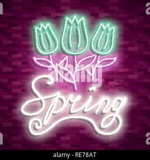 Insegna al neon molla. Vettore di stock. Poster per la festa di primavera. Illustrazione Vettoriale