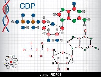 Il guanosina difosfato (GDP) molecola. Formula chimica di struttura e la molecola modello. Foglio di carta in una gabbia. Illustrazione Vettoriale Illustrazione Vettoriale