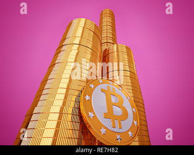 Pile di Golden Bitcoins - 3D Rendering Foto Stock