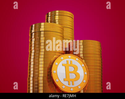 Pile di Golden Bitcoins - 3D Rendering Foto Stock