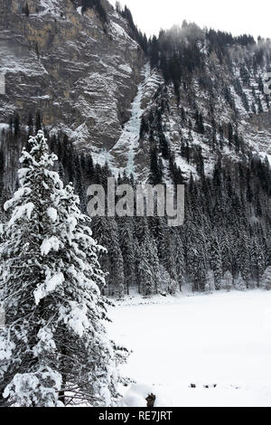 La congelati Lac de Montriond con facciata ripida collina con coperta di neve Pineta Argent Portes du Soleil Haute Savoie Francia Foto Stock