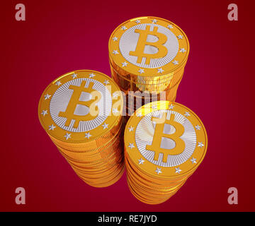 Pile di Golden Bitcoins - 3D Rendering Foto Stock