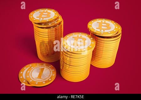 Pile di Golden Bitcoins - 3D Rendering Foto Stock